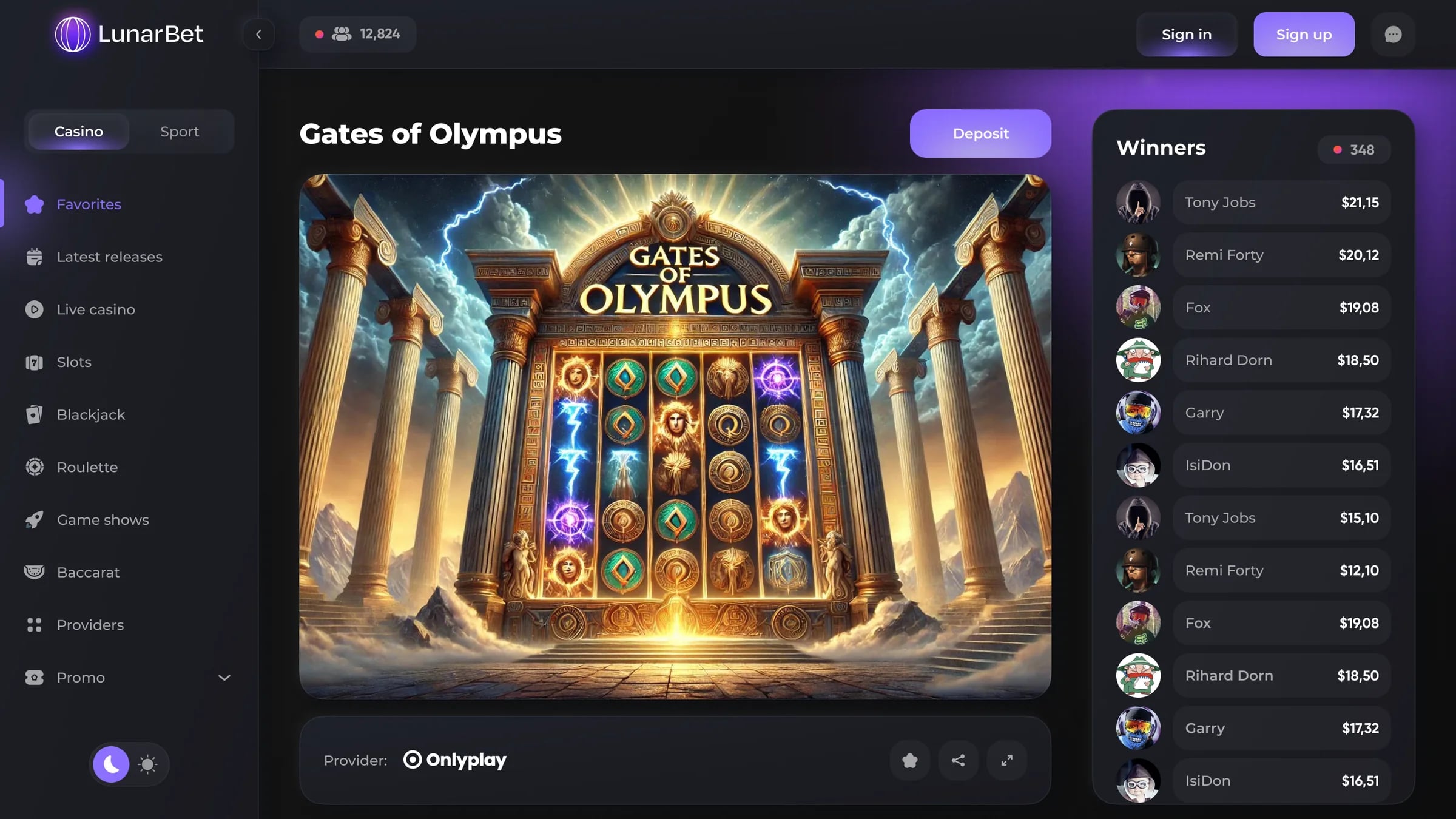 LunarBet game page with live winners