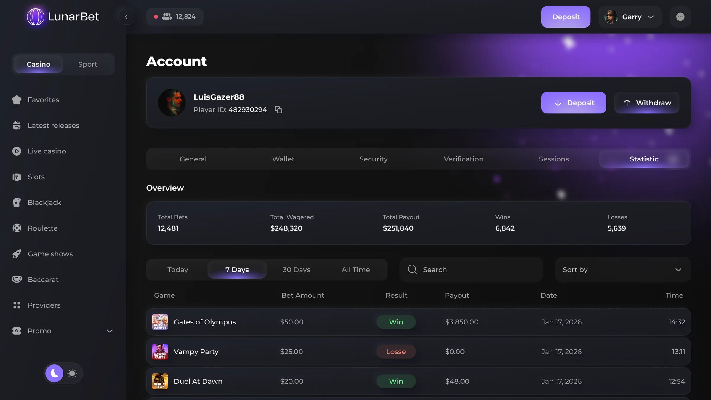 LunarBet account and wallet